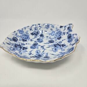 Blue floral leaf shaped porcelain dish gold trim Antique Reflections J Godinger